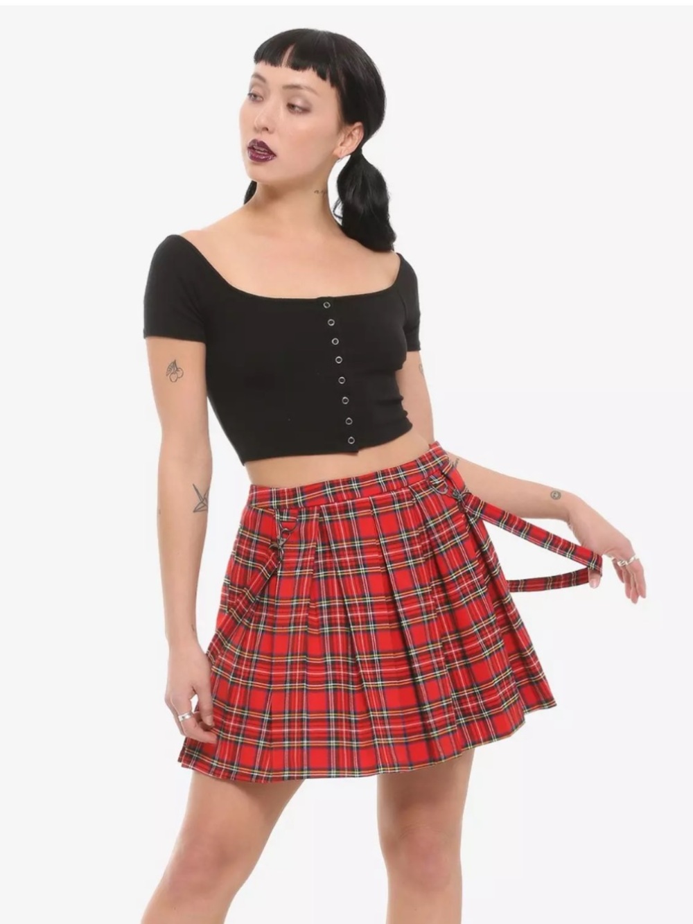 Hot Topic Red Utility Plaid Circle Suspender Skater Skirt